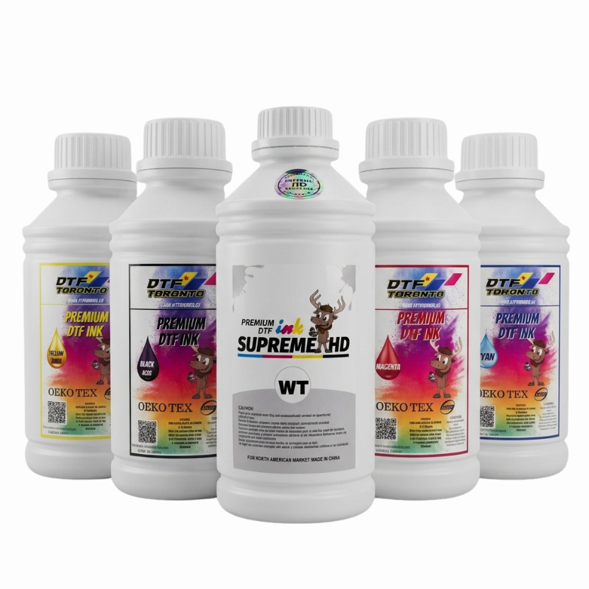 DTF Toronto premium DTF ink set featuring CMYK and white inks for professional garment printing and custom heat transfers