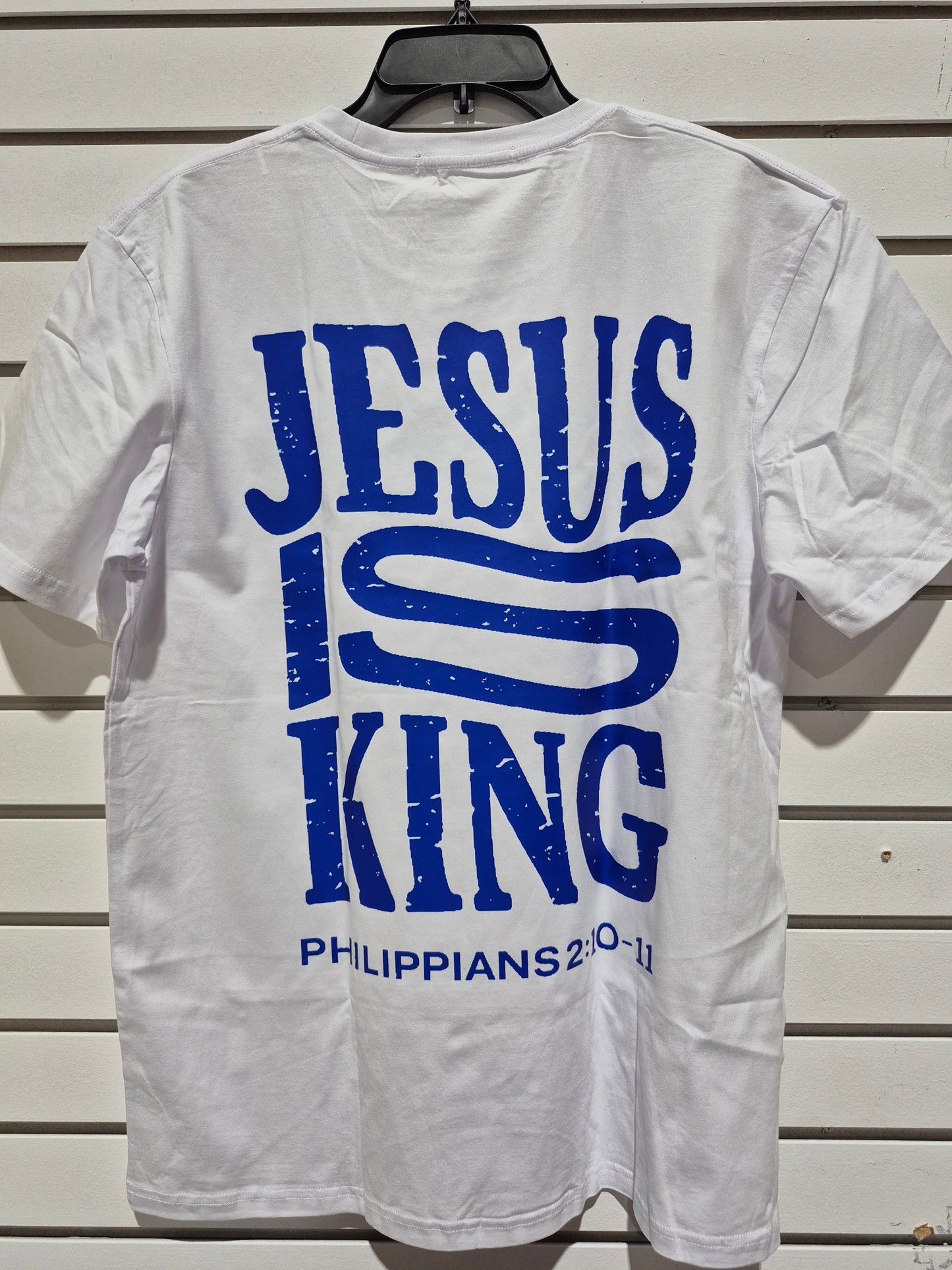 Jesus Is King" Philippians 2:10-11 Christian Graphic Tee – White & Royal Blue Faith T-Shirt torontodtf_ca