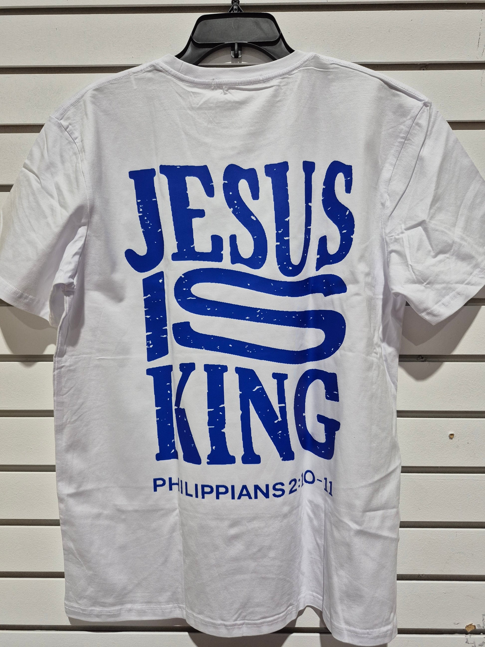 Jesus Is King" Philippians 2:10-11 Christian Graphic Tee – White & Royal Blue Faith T-Shirt torontodtf_ca