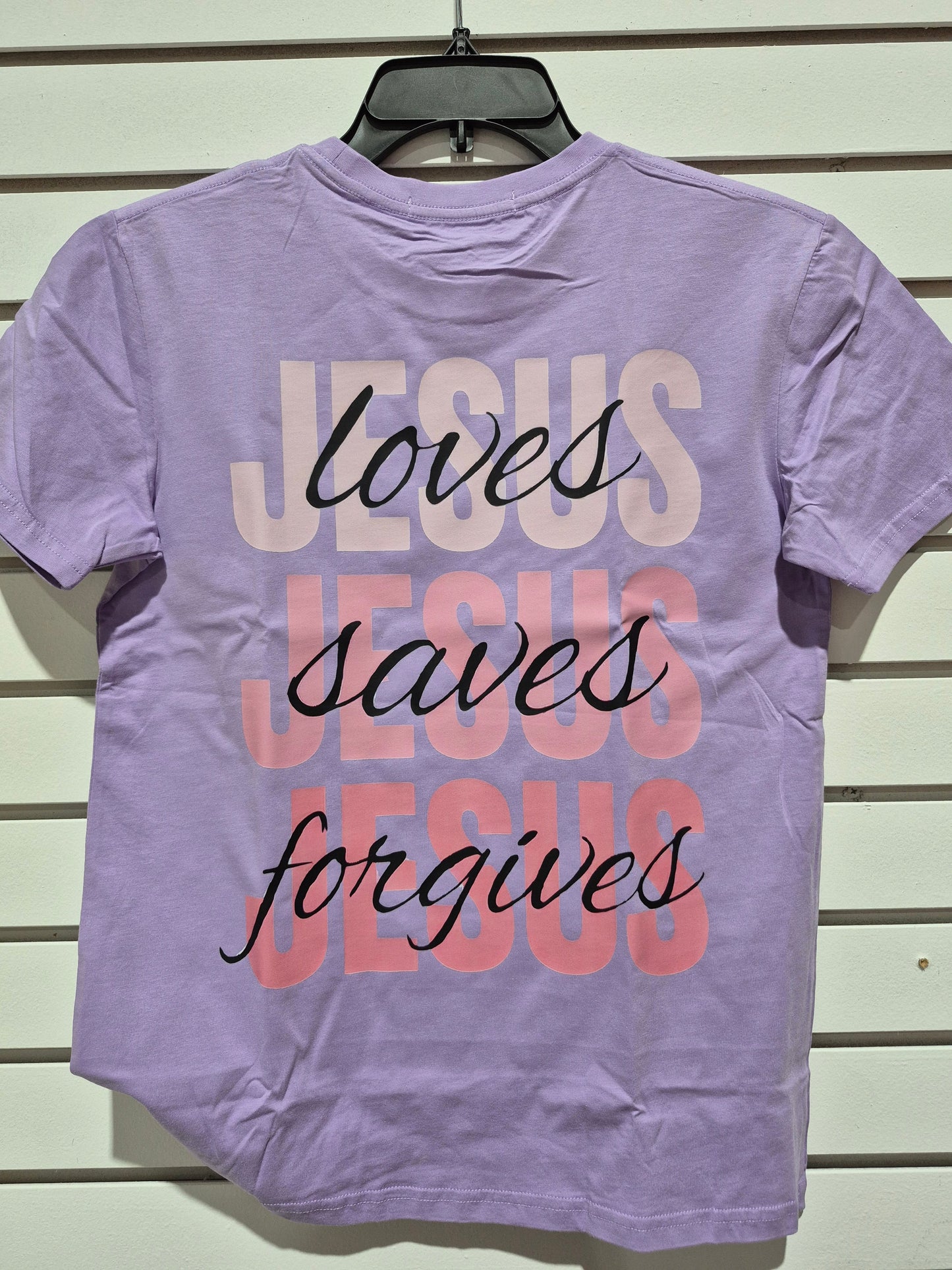 Jesus Loves, Saves, Forgives" Christian Graphic Tee – Faith T-Shirt Super Transfers