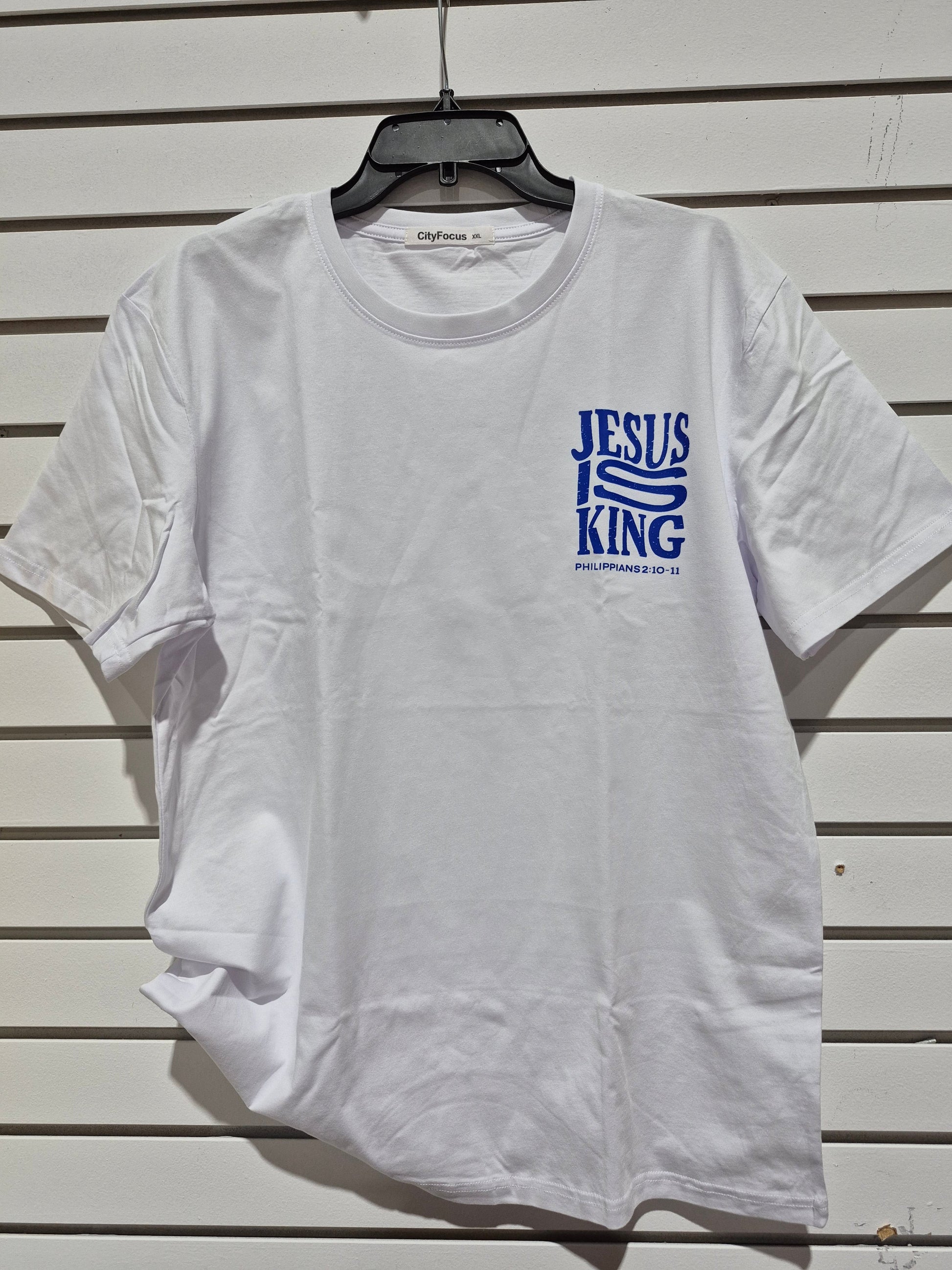 Jesus Is King" Philippians 2:10-11 Christian Graphic Tee – White & Royal Blue Faith T-Shirt torontodtf_ca
